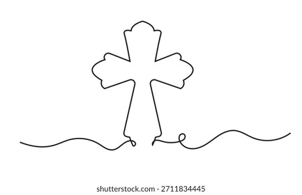 Ilustración simple de línea de símbolo de tumba cruzada. Arte de línea minimalista que muestra una cruz que se eleva desde una línea de tierra Horizontal, adecuada para temas de monumentos, credo y recuerdo.