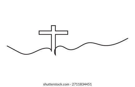 Simple cross grave symbol line illustration. Minimalist line art showing a cross rising from a horizontal ground line, suitable for themes of memorials, faith, and remembrance.
