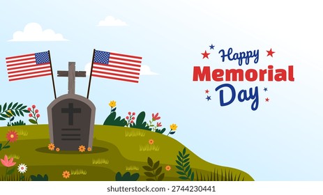 Simple cross headstone surrounded by flowers and flags on a green slope