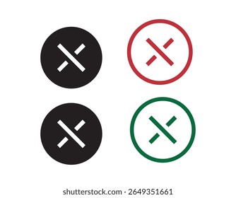 Simple Cross Icons in Different Colors. set of flat vector mark buttons, green, black, check marks and red crosses signs. Circle and square, rounded corners Icons. cross, icon, x, symbol, black, red, 