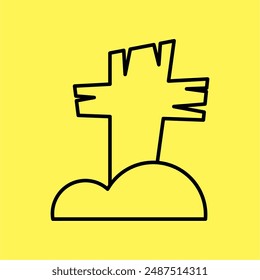 Simple cross tombstone icon, line vector isolated on yellow background. trendy and modern design