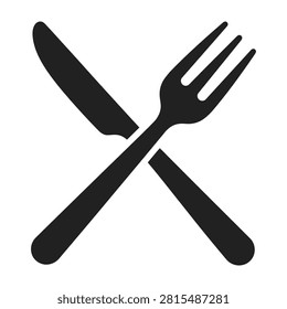 Simple crossed black fork and knife on white background symbolizing food ready to eat