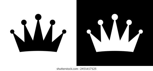 Simple crown as an icon or logo. Black shape on a white background and the same white shape on the black side.