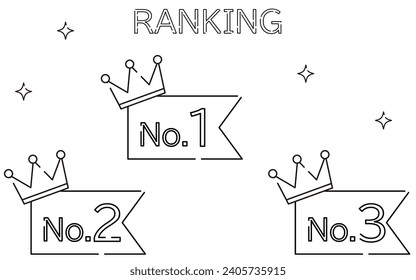 Einfache Krone- und Labelranking-Symbol-Set, 1. bis 3. Platz, Vektorgrafik