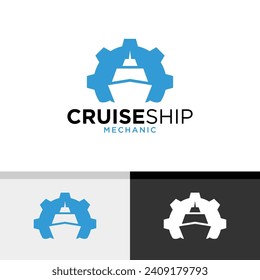 Simple Cruise Ship Logo with Gear in the background. Vector illustration