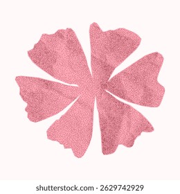 Forma de flor rosa de papel amassado simples sobre fundo branco. Adesivo minimalista da página do notebook com bordas irregulares rasgadas, textura pontilhada arenosa, detalhes de meio-tom.