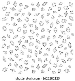 Simple crystals flat line, mineral rock, diamond shape, abstract gemstone, magic crystal vector illustrations, signs for geology or jewelry, seamless background
