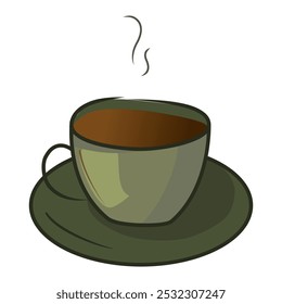 simple cup of coffee with steam, plate, minimalistic drawing of a mug with a hot drink