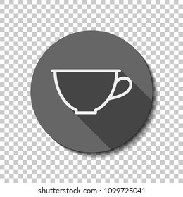 Simple cup of coffee or tea. Linear icon, thin outline. flat icon, long shadow, circle, transparent grid. Badge or sticker style