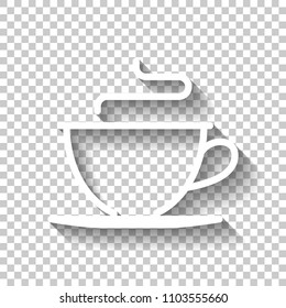 Simple cup of coffee or tea. Linear icon, thin outline. White icon with shadow on transparent background