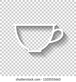 Simple cup of coffee or tea. Linear icon, thin outline. White icon with shadow on transparent background