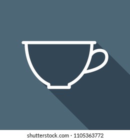Simple cup of coffee or tea. Linear icon, thin outline. White flat icon with long shadow on background