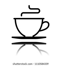 Simple cup of coffee or tea. Linear icon, thin outline. Black icon with mirror reflection on white background