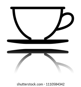 Simple cup of coffee or tea. Linear icon, thin outline. Black icon with mirror reflection on white background