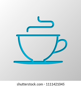 Simple cup of coffee or tea. Linear icon, thin outline. Paper design. Cutted symbol with shadow