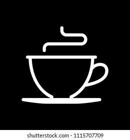 Simple cup of coffee or tea. Linear icon, thin outline. White icon on black background. Inversion