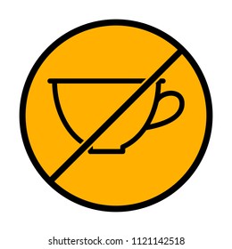 Simple cup of coffee or tea. Linear icon, thin outline. not allowed, black object in warning sign with orange background color