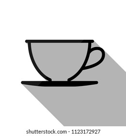 Simple cup of coffee or tea. Linear icon, thin outline. Black object with long shadow on white background
