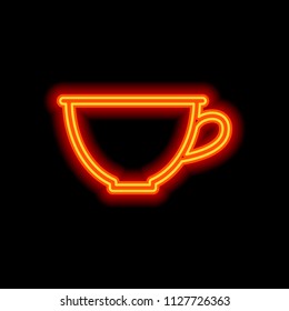 Simple cup of coffee or tea. Linear icon, thin outline. Orange neon style on black background. Light icon