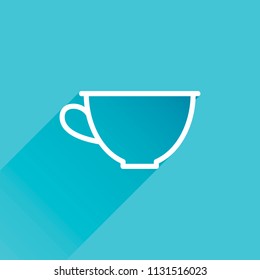 Simple cup of coffee or tea. Linear icon, thin outline. Gray icon with long shadow in bottom left corner on blue background