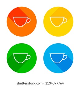 Simple cup of coffee or tea. Linear icon, thin outline. Flat white icon on colored circles background. Four different long shadows in each corners