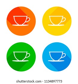 Simple cup of coffee or tea. Linear icon, thin outline. Flat white icon on colored circles background. Four different long shadows in each corners