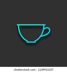 Simple cup of coffee or tea. Linear icon, thin outline. Colorful logo concept with soft shadow on dark background. Icon color of azure ocean