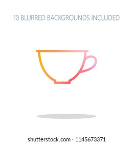 Simple cup of coffee or tea. Linear icon, thin outline. Colorful logo concept with simple shadow on white. 10 different blurred backgrounds included