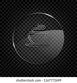 Simple cup of coffee or tea. Linear icon, thin outline. Icon in circle glass bubble on dark transparent grid. Glass style