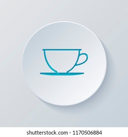 Simple cup of coffee or tea. Linear icon, thin outline. Cut circle with gray and blue layers. Paper style
