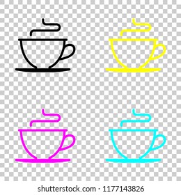 Simple cup of coffee or tea. Linear icon, thin outline. Colored set of cmyk icons on transparent background