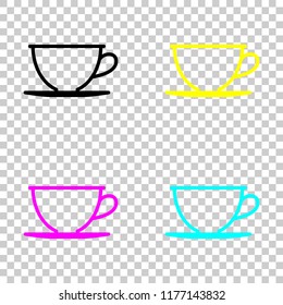 Simple cup of coffee or tea. Linear icon, thin outline. Colored set of cmyk icons on transparent background