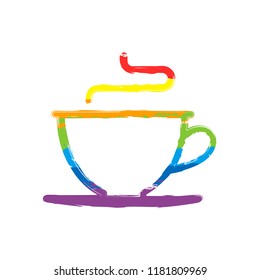 Simple cup of coffee or tea. Linear icon, thin outline. Drawing sign with LGBT style, seven colors of rainbow (red, orange, yellow, green, blue, indigo, violet