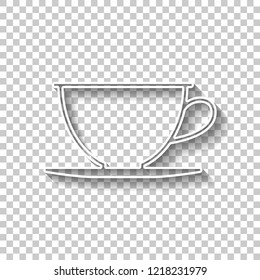 Simple cup of coffee or tea. Linear icon, thin outline. White outline sign with shadow on transparent background