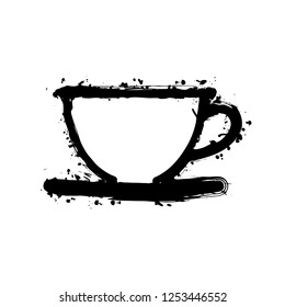 Simple cup of coffee or tea. Linear icon, thin outline. Black ink with splashes on white background