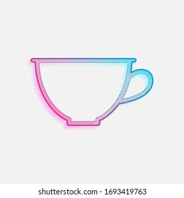 Simple cup of coffee or tea. Linear icon, thin outline. Colored logo with diagonal lines and blue-red gradient. Neon graphic, light effect