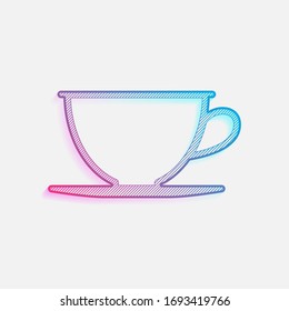 Simple cup of coffee or tea. Linear icon, thin outline. Colored logo with diagonal lines and blue-red gradient. Neon graphic, light effect