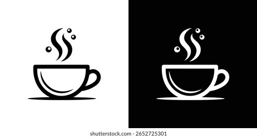 Simple cup design with rising steam shown in black and white split with hot drink and beverage concept for branding and print usage.