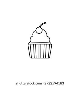 Simples ícone de cupcake com cereja. Ilustração de bolinho em preto e branco. Design minimalista do cupcake. Perfeito para logotipos de padaria, marca de loja de cupcake ou menus. Ilustração do vetor alimentar.