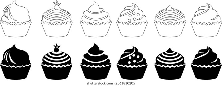 Simple cupcake icon set, bakery food graphic dessert design elements, muffin logo. Can be used as sign or symbols cupcake silhouette sweet pastries muffin. Pastry shop logo. on transparent background.