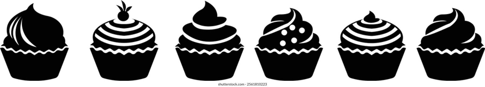 Simple cupcake icon set, bakery food graphic dessert design elements, muffin logo. Can be used as sign or symbols cupcake silhouette sweet pastries muffin. Pastry shop logo. on transparent background.