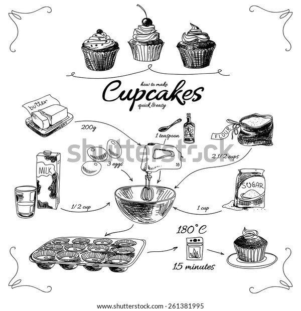 簡単なカップケーキのレシピ 段階的に 手描きのベクターイラスト のベクター画像素材 ロイヤリティフリー