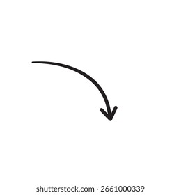 A simple curved arrow icon isolated on a white background, pointing downward or indicating a decline. Vector graphic element for web design and user interfaces. Minimalist.