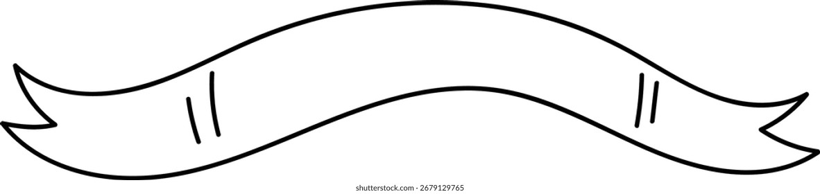 Ein einfaches, geschwungenes Banner mit spitzen Enden in einem klaren Linien-Art-Stil. Das Band zeichnet sich durch glatte Kurven und minimale Details aus. Cartoon, Vektorgrafik.