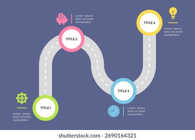 Simple Curved Roadmap Infographic with Four Steps Flat Vector Illustration
