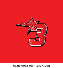 Simple custom number for sport and racing with star 3. Vector design