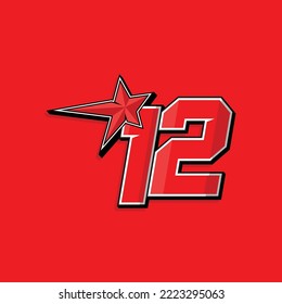 Simple custom number for sport and racing with star 12. Vector design