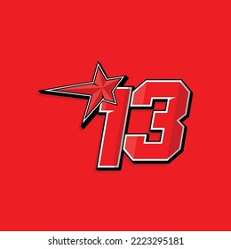 Simple custom number for sport and racing with star 13. Vector design