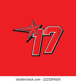 Simple custom number for sport and racing with star 17. Vector design