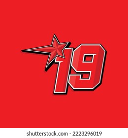 Simple custom number for sport and racing with star 19. Vector design